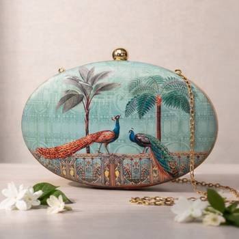 Sea green & gold-toned printed box clutchbag for women with detachable strap 1