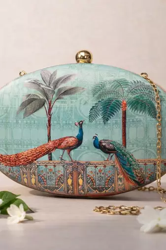 Sea green & gold-toned printed box clutchbag for women with detachable strap