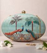 Sea green & gold-toned printed box clutchbag for women with detachable strap