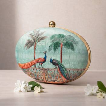 Sea green & gold-toned printed box clutchbag for women with detachable strap 2