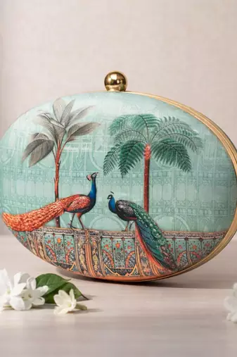 Sea green & gold-toned printed box clutchbag for women with detachable strap