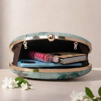 Sea green & gold-toned printed box clutchbag for women with detachable strap 3