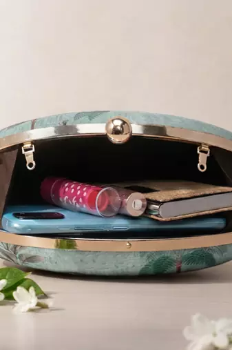 Sea green & gold-toned printed box clutchbag for women with detachable strap
