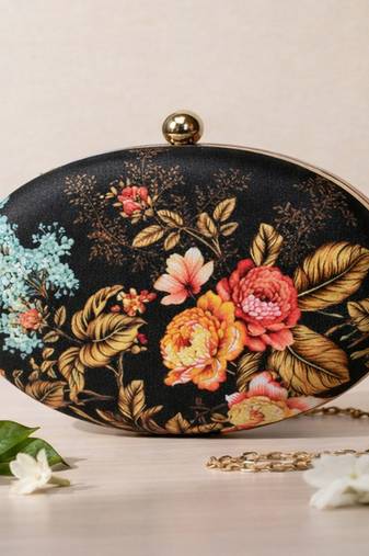 Black & orange floral printed half moon clutch bag for women with detachable strap