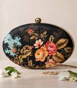 Black & orange floral printed half moon clutch bag for women with detachable strap