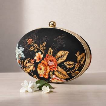 Black & orange floral printed half moon clutch bag for women with detachable strap 2