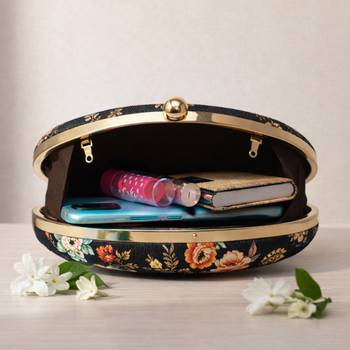 Black & orange floral printed half moon clutch bag for women with detachable strap 3