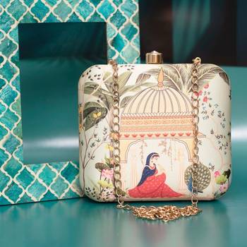 Cream-coloured & pink printed box clutch bag for women with detachable strap 1