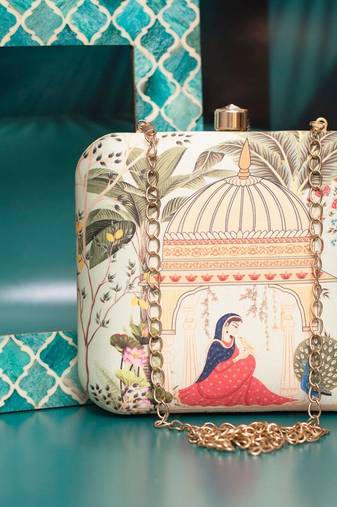 Cream-coloured & pink printed box clutch bag for women with detachable strap