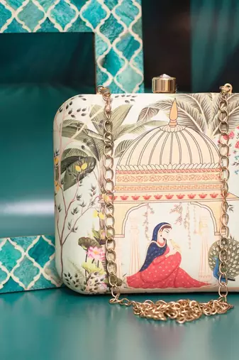 Cream-coloured & pink printed box clutch bag for women with detachable strap