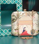 Cream-coloured & pink printed box clutch bag for women with detachable strap