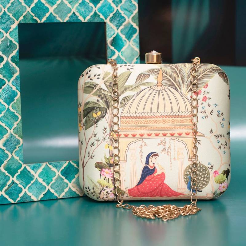 Cream-coloured & pink printed box clutch bag for women with detachable strap