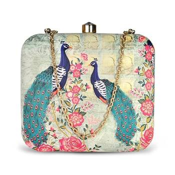 Women green  blue peacock printed box clutchbag for women with detachable strap 1
