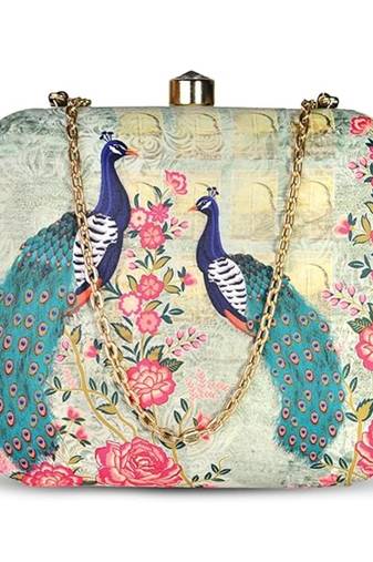 Women green  blue peacock printed box clutchbag for women with detachable strap