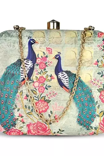 Women green  blue peacock printed box clutchbag for women with detachable strap