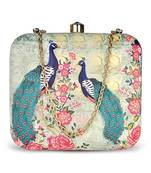 Women green  blue peacock printed box clutchbag for women with detachable strap