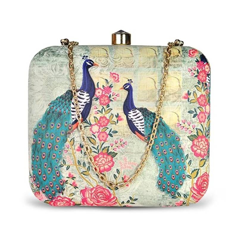 Women green  blue peacock printed box clutchbag for women with detachable strap