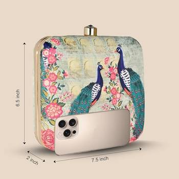 Women green  blue peacock printed box clutchbag for women with detachable strap 2