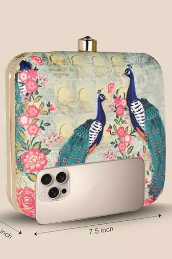 Women green  blue peacock printed box clutchbag for women with detachable strap