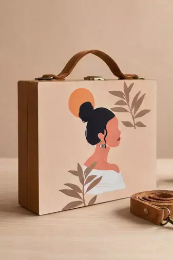 Bun woman printed suitcase style box clutch bag for women with detachable strap