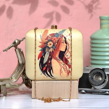 Woman portrait printed box clutch bag for women with detachable strap 1