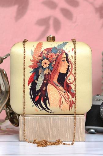 Woman portrait printed box clutch bag for women with detachable strap