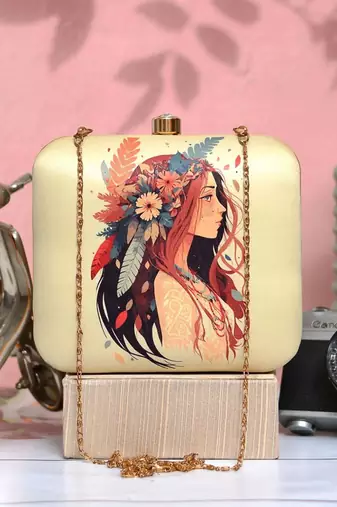 Woman portrait printed box clutch bag for women with detachable strap