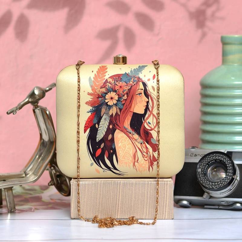 Woman portrait printed box clutch bag for women with detachable strap
