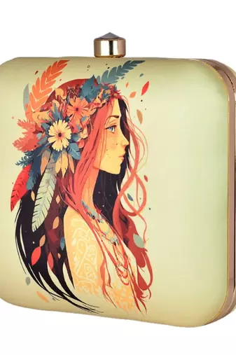 Woman portrait printed box clutch bag for women with detachable strap