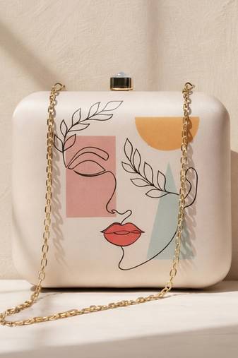 Line art portrait printed clutch bag for women with detachable strap