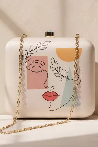 Line art portrait printed clutch bag for women with detachable strap