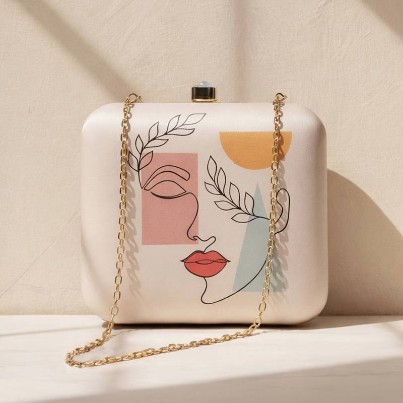 Line art portrait printed clutch bag for women with detachable strap