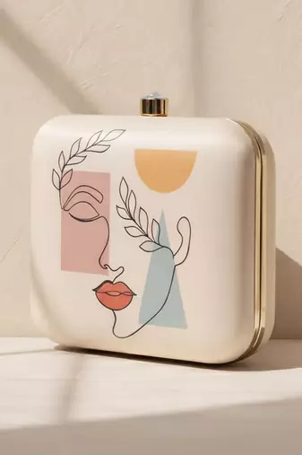 Line art portrait printed clutch bag for women with detachable strap