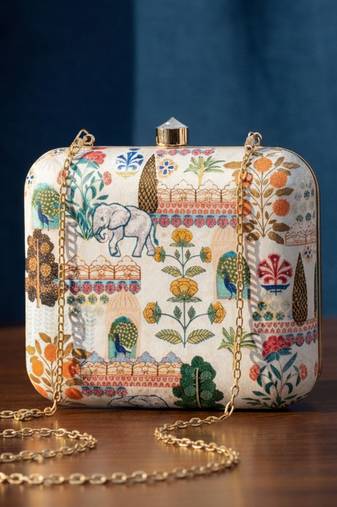 Graphic printed box clutchbag for women with detachable strap