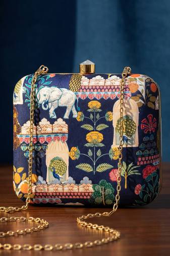Floral embroidered box clutchbag for women with detachable strap