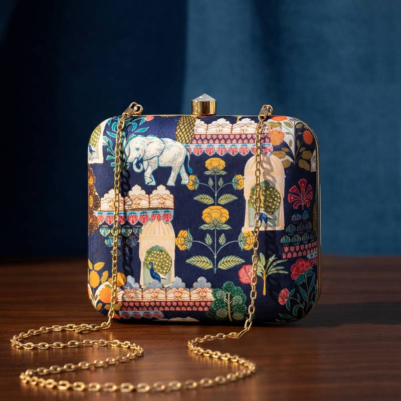 Floral embroidered box clutchbag for women with detachable strap