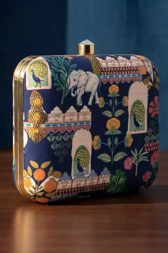 Floral embroidered box clutchbag for women with detachable strap