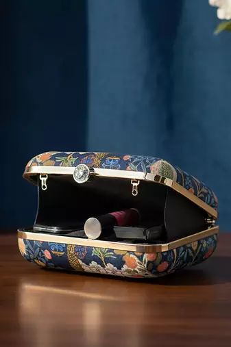 Floral embroidered box clutchbag for women with detachable strap