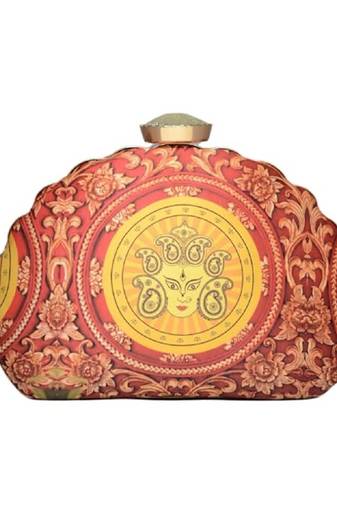 Maroon durga printed d-shape clutch for women with detachable chain starp