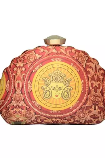 Maroon durga printed d-shape clutch for women with detachable chain starp