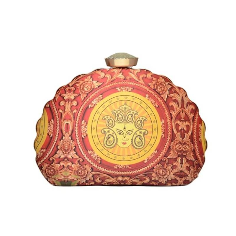 Maroon durga printed d-shape clutch for women with detachable chain starp