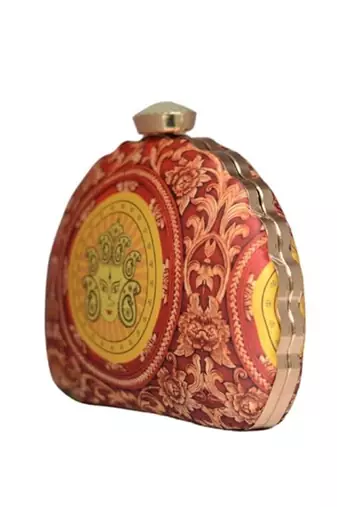 Maroon durga printed d-shape clutch for women with detachable chain starp