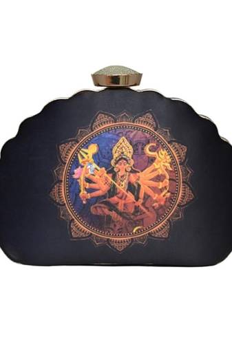 Durga printed d-shape clutch for women with detachable chain starp