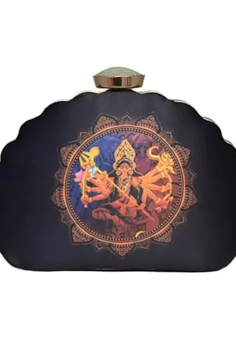 Durga printed d-shape clutch for women with detachable chain starp