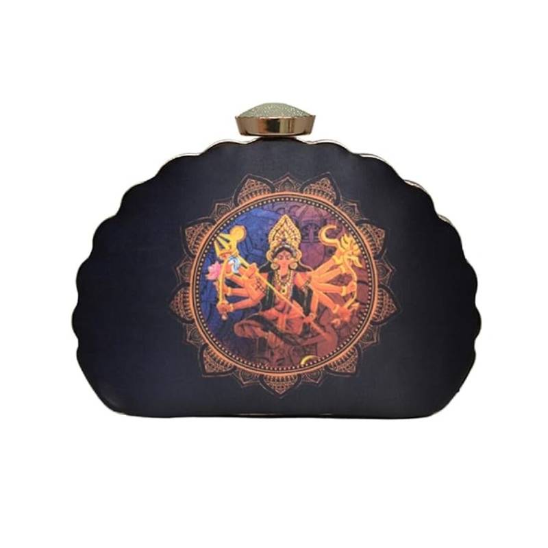 Durga printed d-shape clutch for women with detachable chain starp