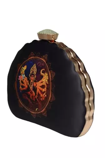 Durga printed d-shape clutch for women with detachable chain starp