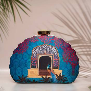 Blue door printed d-shape clutch bag for women with detachable strap 1