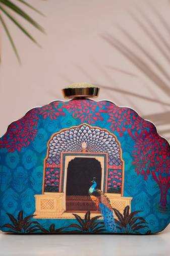 Blue door printed d-shape clutch bag for women with detachable strap