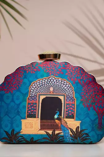 Blue door printed d-shape clutch bag for women with detachable strap