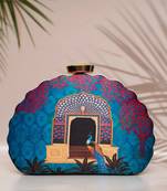 Blue door printed d-shape clutch bag for women with detachable strap